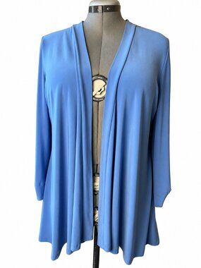 Nina Leonard Open Front Cardigan Size L Blue Asymmetrical Drape Stretch